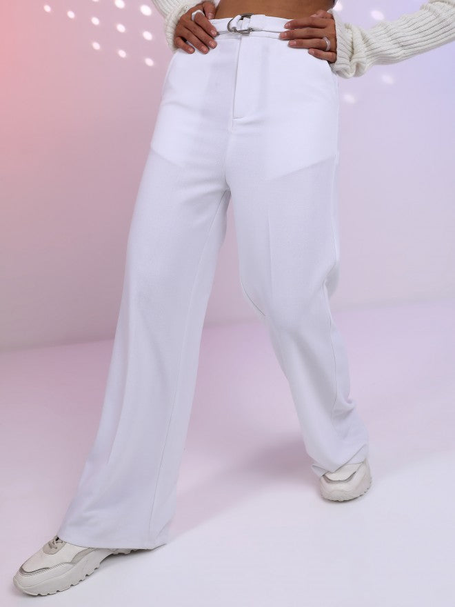 Tokyo Talkies Women White Solid Wide Leg Casual Trouser - White - Image 4