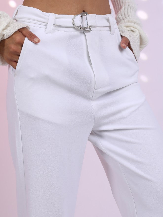 Tokyo Talkies Women White Solid Wide Leg Casual Trouser - White - Image 5