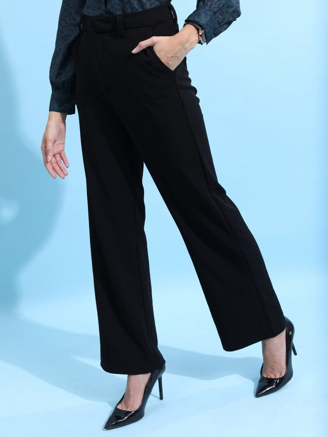 Tokyo Talkies Women Black Solid Wide Leg Casual Trouser - Black - Image 4