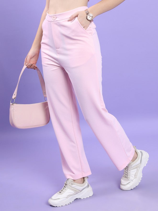 Tokyo Talkies Women Lotus Pink Regular Fit Solid Casual Trouser - Pink - Image 4