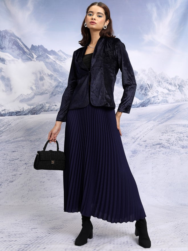 Tokyo Talkies Women Navy Blue Single-Breasted Blazer - Navy Blue - Image 2