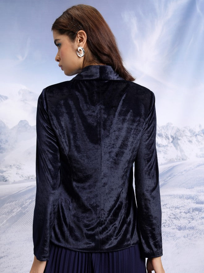 Tokyo Talkies Women Navy Blue Single-Breasted Blazer - Navy Blue - Image 3