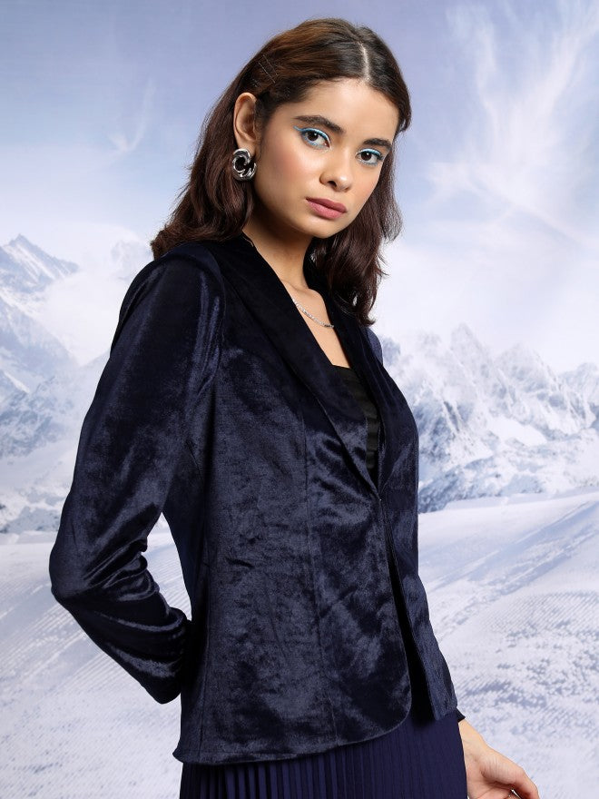 Tokyo Talkies Women Navy Blue Single-Breasted Blazer - Navy Blue - Image 6