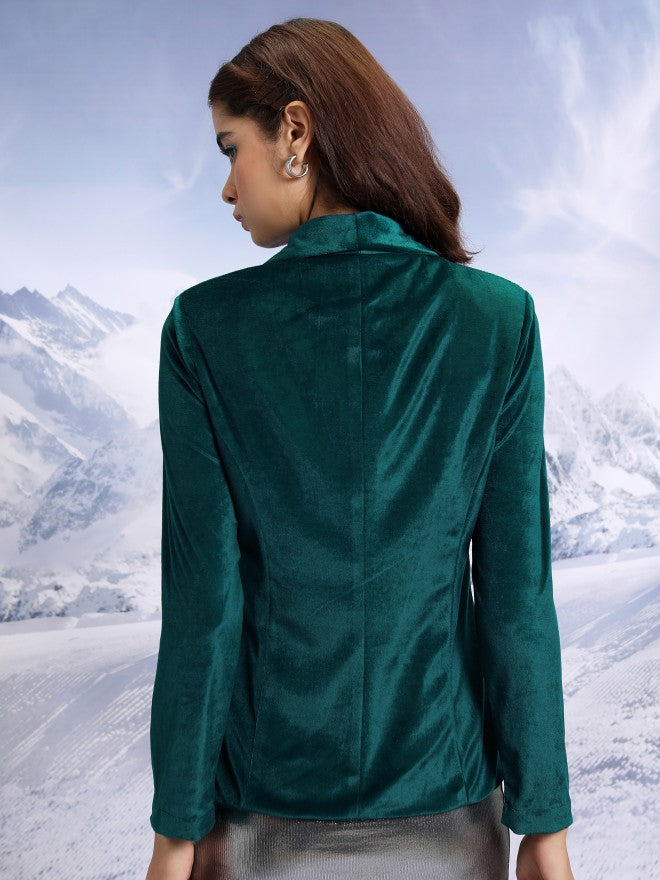 Tokyo Talkies Women Teal Single-Breasted Blazer - Teal - Image 3