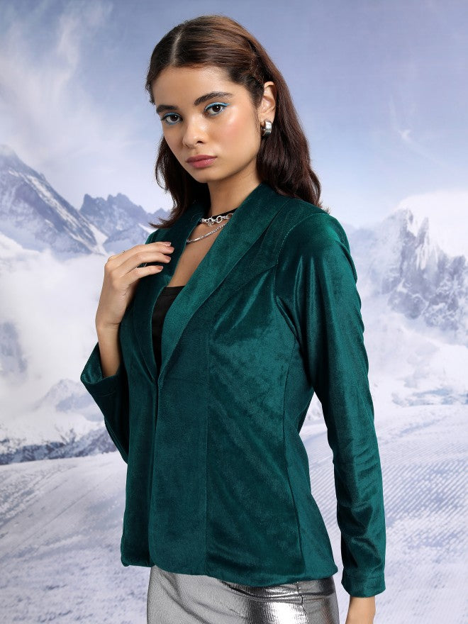 Tokyo Talkies Women Teal Single-Breasted Blazer - Teal - Image 4