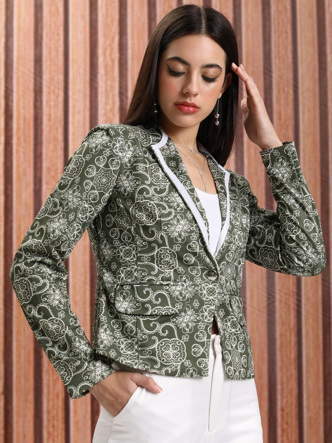 Tokyo Talkies Women Olive Single-Breasted Blazer - Olive - Image 6