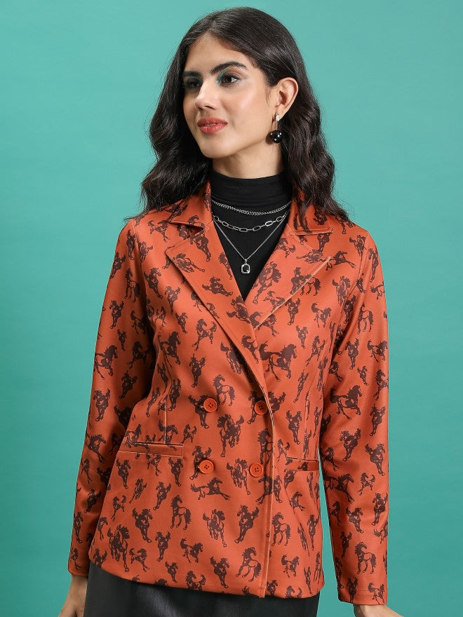 Tokyo Talkies Women Orange Double-Breasted Blazer - Orange - Image 1