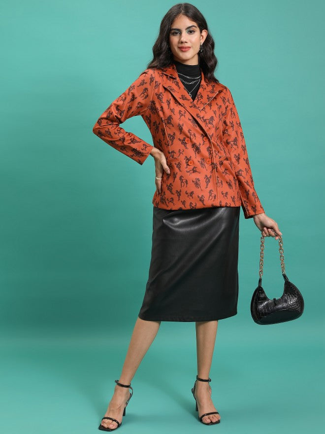 Tokyo Talkies Women Orange Double-Breasted Blazer - Orange - Image 2