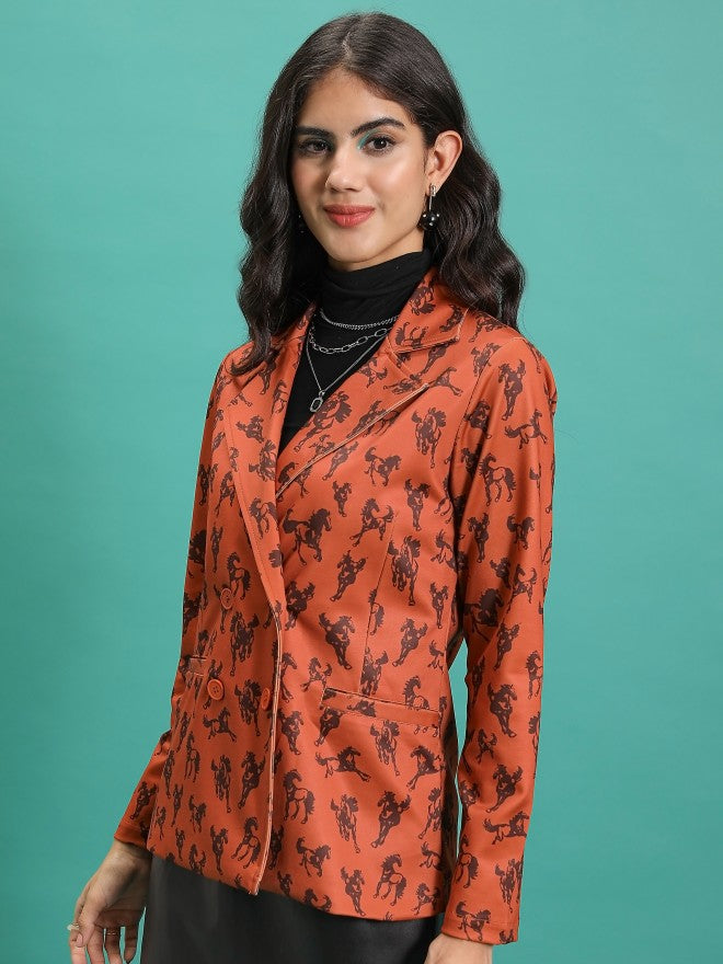 Tokyo Talkies Women Orange Double-Breasted Blazer - Orange - Image 4