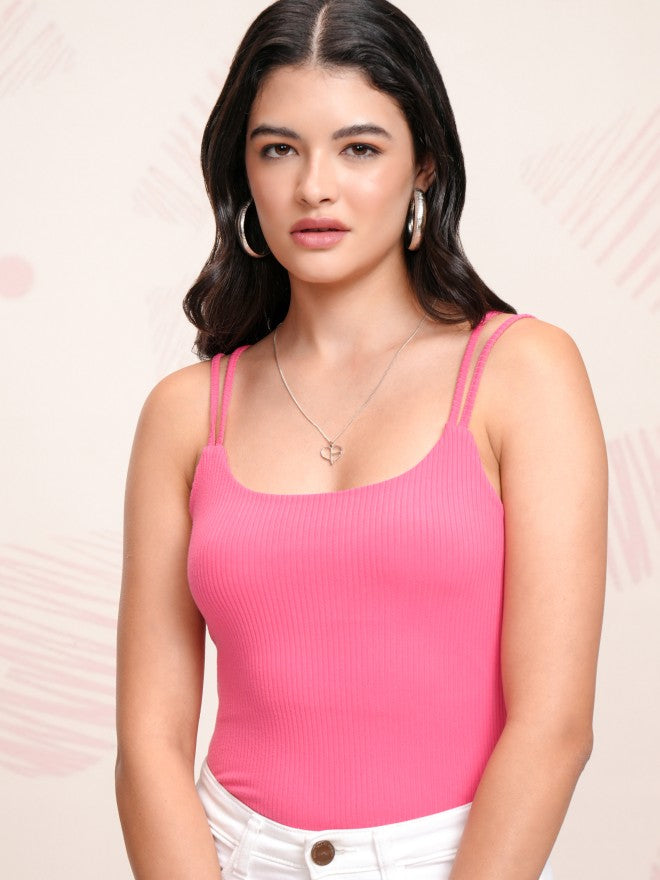 Tokyo Talkies Women Pink Solid Fitted Bodysuit - Pink - Image 1