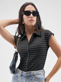 Tokyo Talkies Women Black Striped Fitted Bodysuit - Black - Image 1