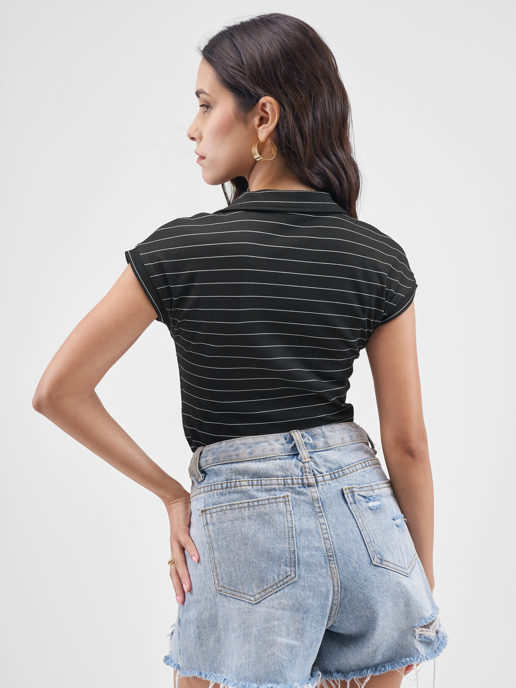 Tokyo Talkies Women Black Striped Fitted Bodysuit - Black - Image 3