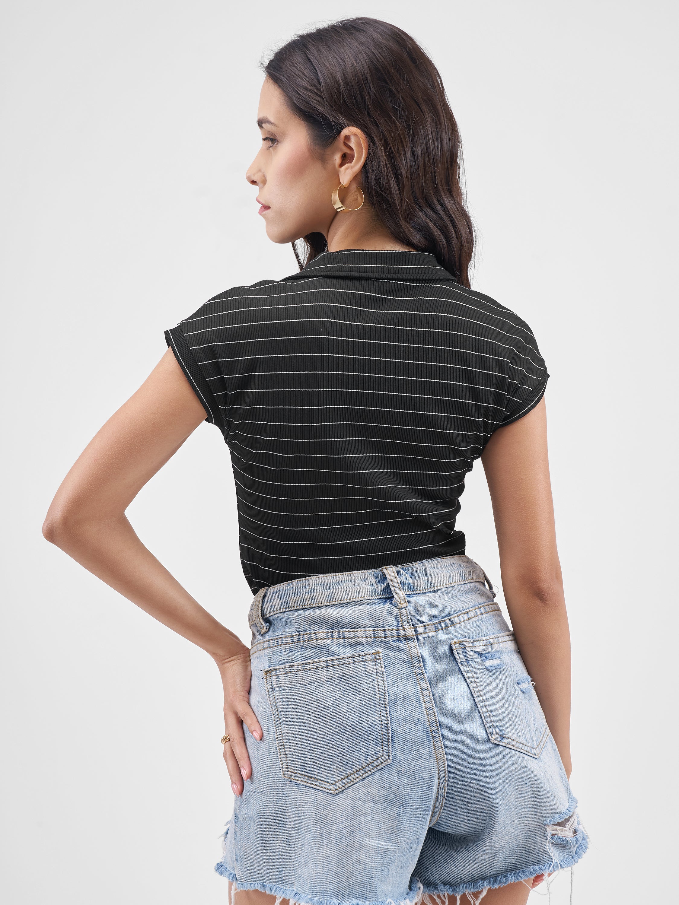 Tokyo Talkies Women Black Striped Fitted Bodysuit - Black - Image 3