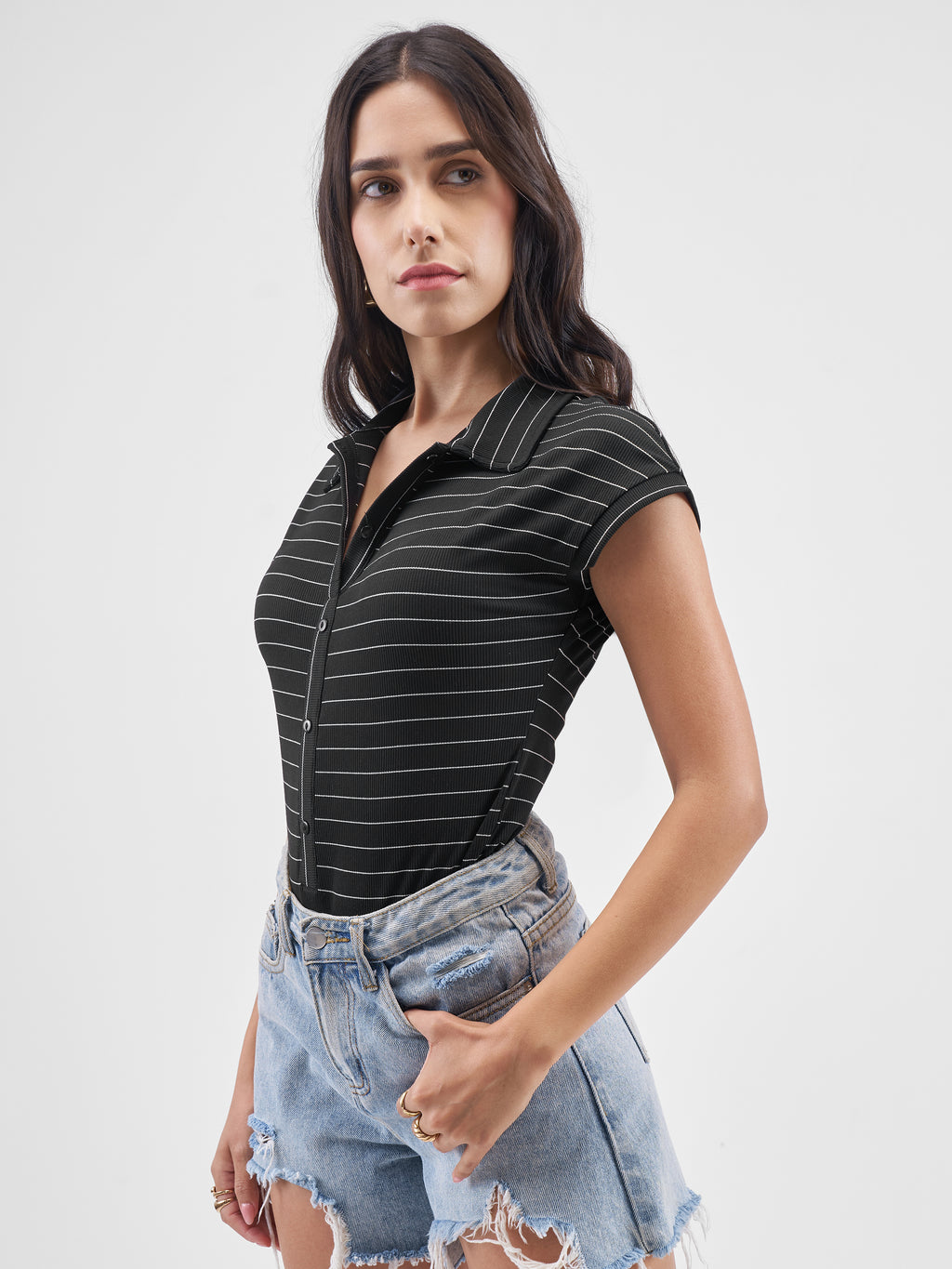 Tokyo Talkies Women Black Striped Fitted Bodysuit - Black - Image 4
