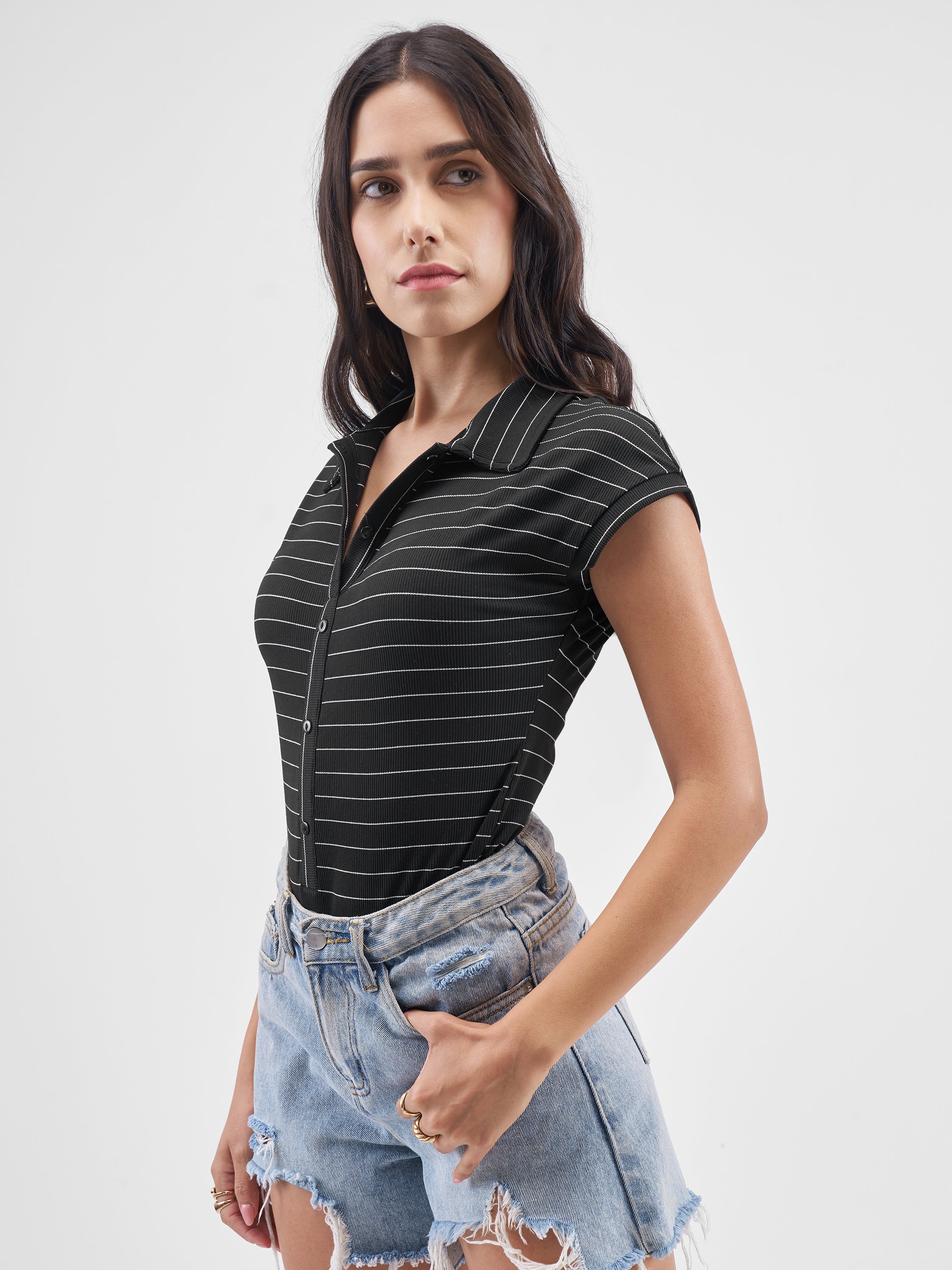 Tokyo Talkies Women Black Striped Fitted Bodysuit - Black - Image 4