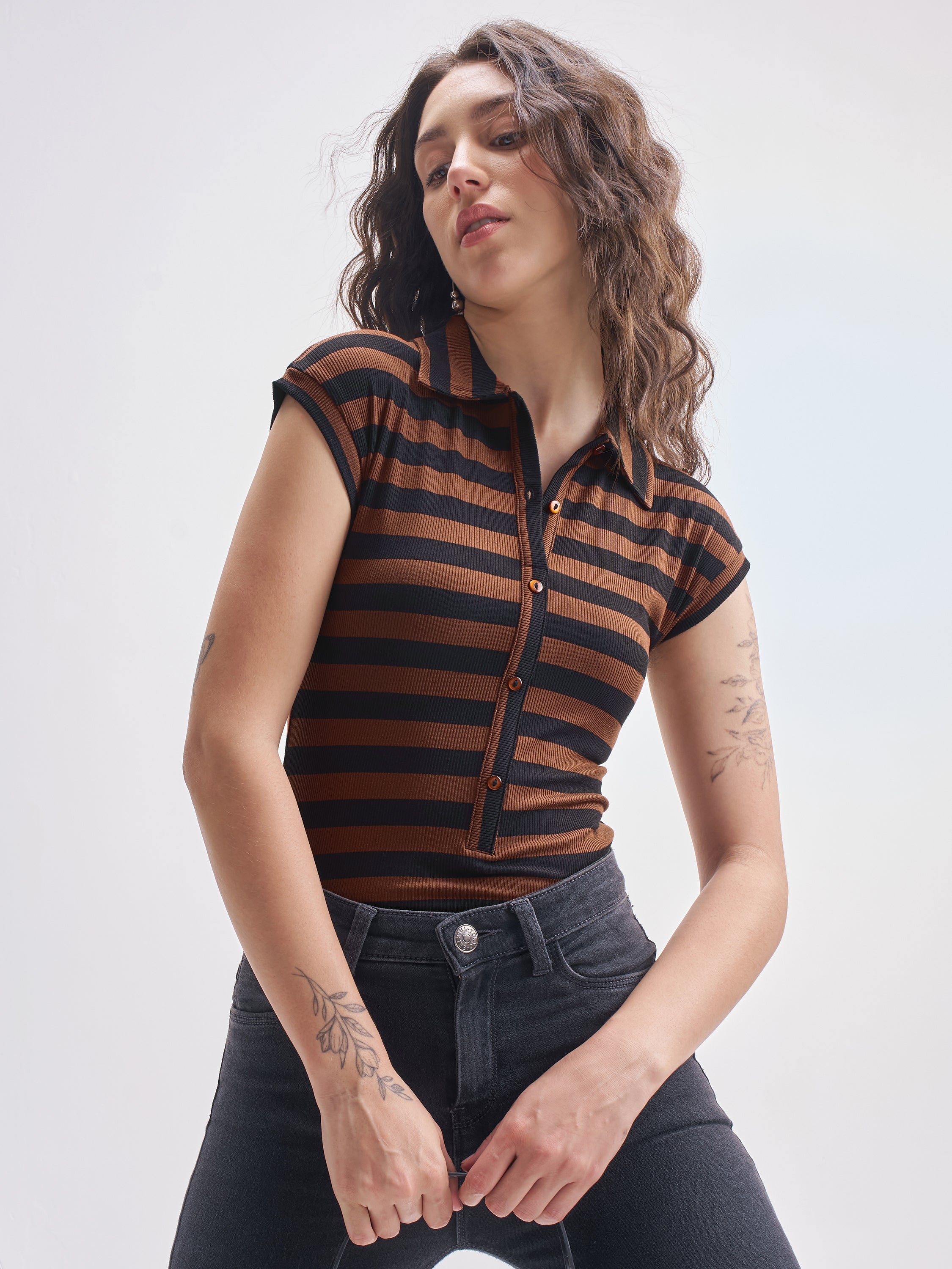 Tokyo Talkies Women Brown Striped Fitted Bodysuit - Brown - Image 1