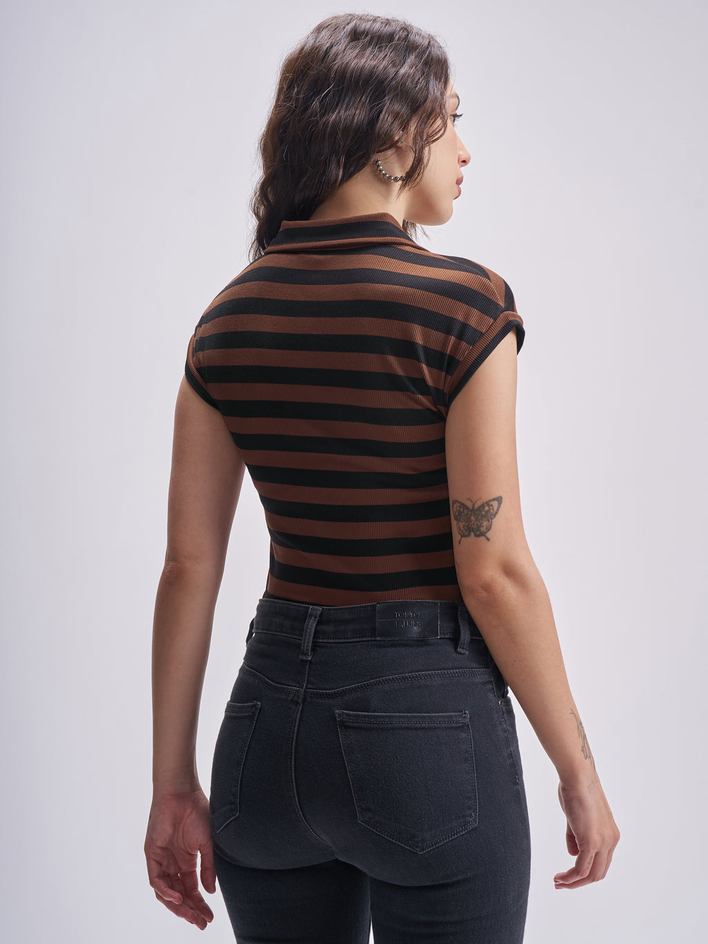 Tokyo Talkies Women Brown Striped Fitted Bodysuit - Brown - Image 3