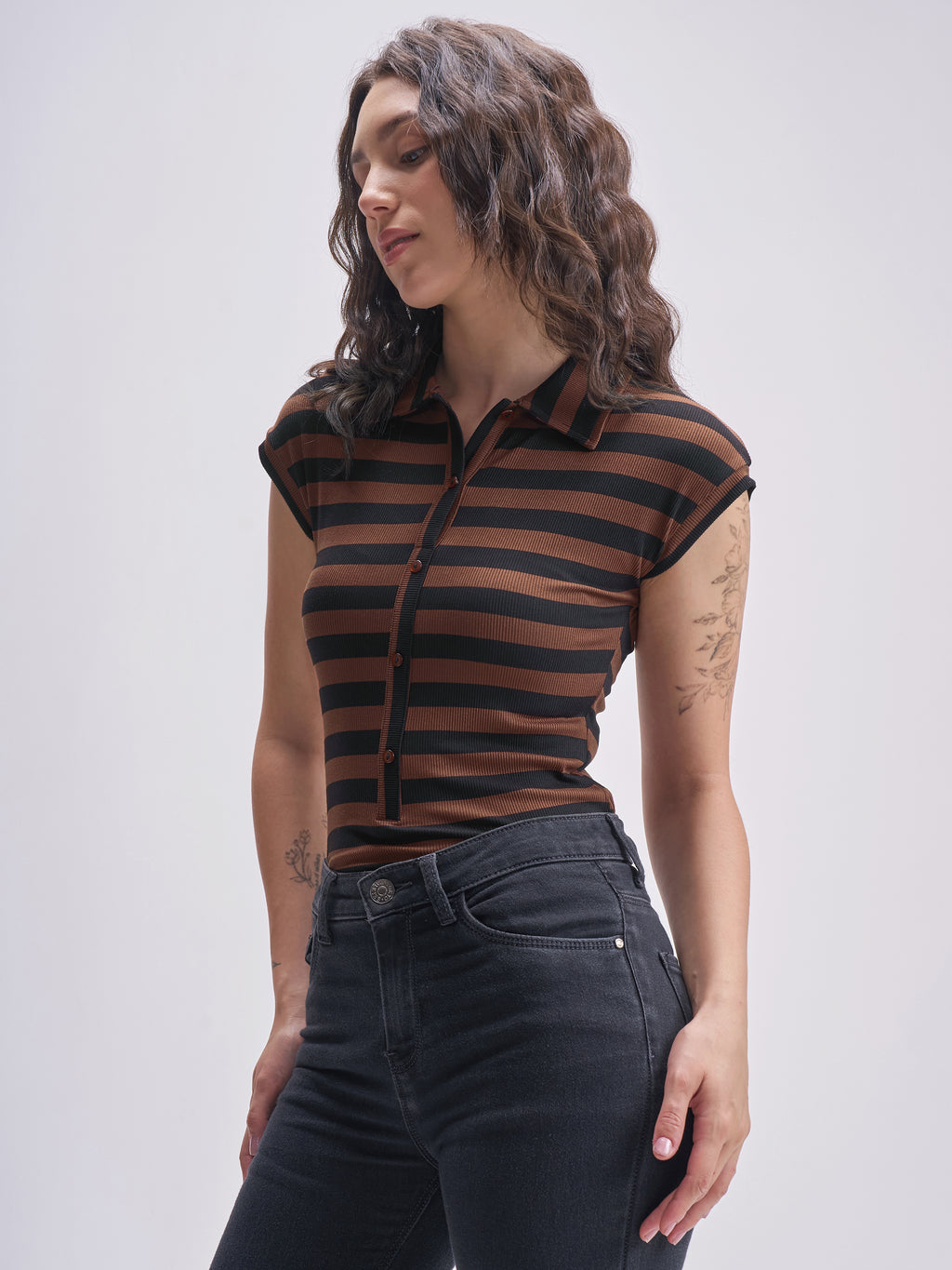 Tokyo Talkies Women Brown Striped Fitted Bodysuit - Brown - Image 4