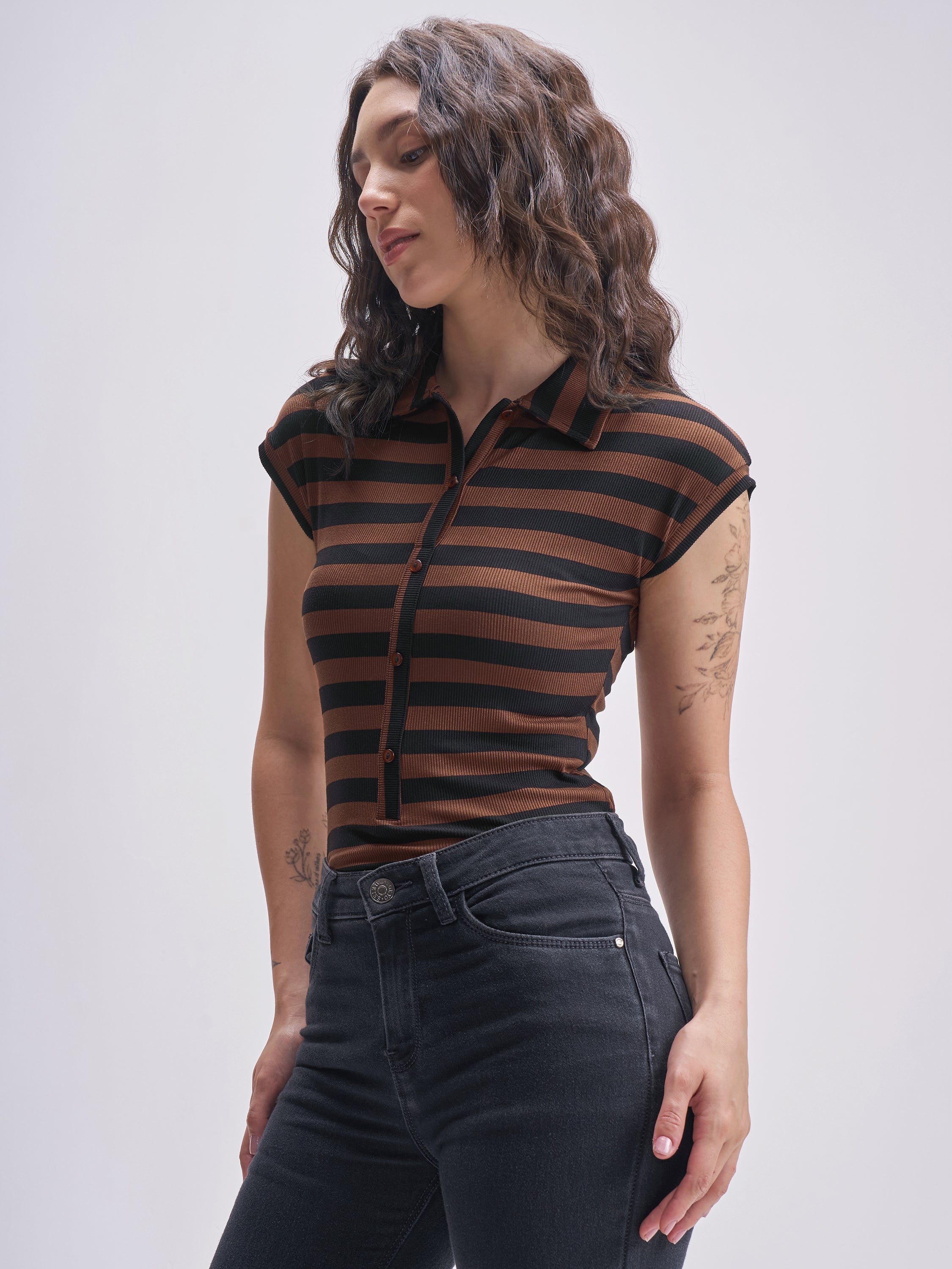 Tokyo Talkies Women Brown Striped Fitted Bodysuit - Brown - Image 4