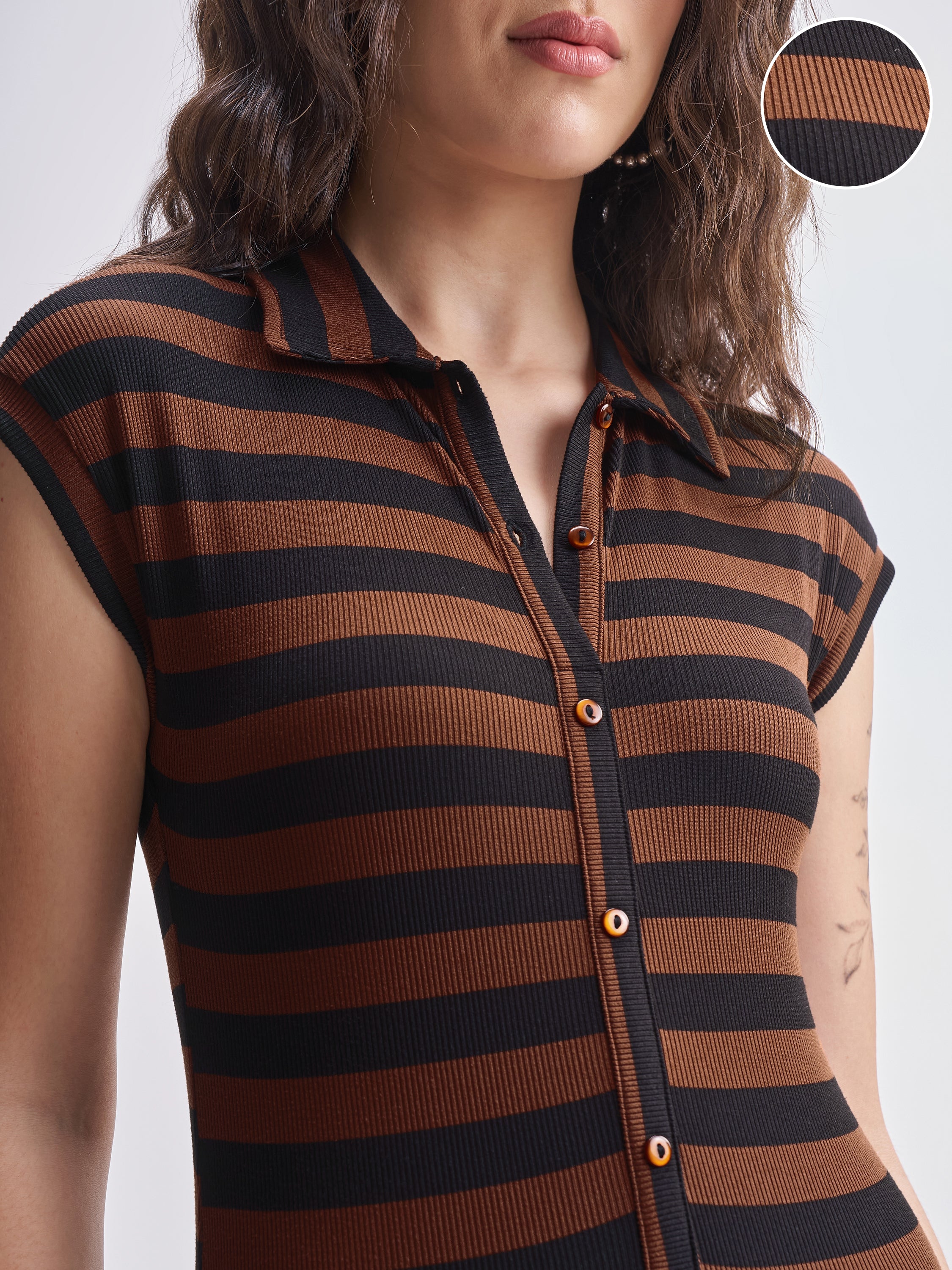 Tokyo Talkies Women Brown Striped Fitted Bodysuit - Brown - Image 5