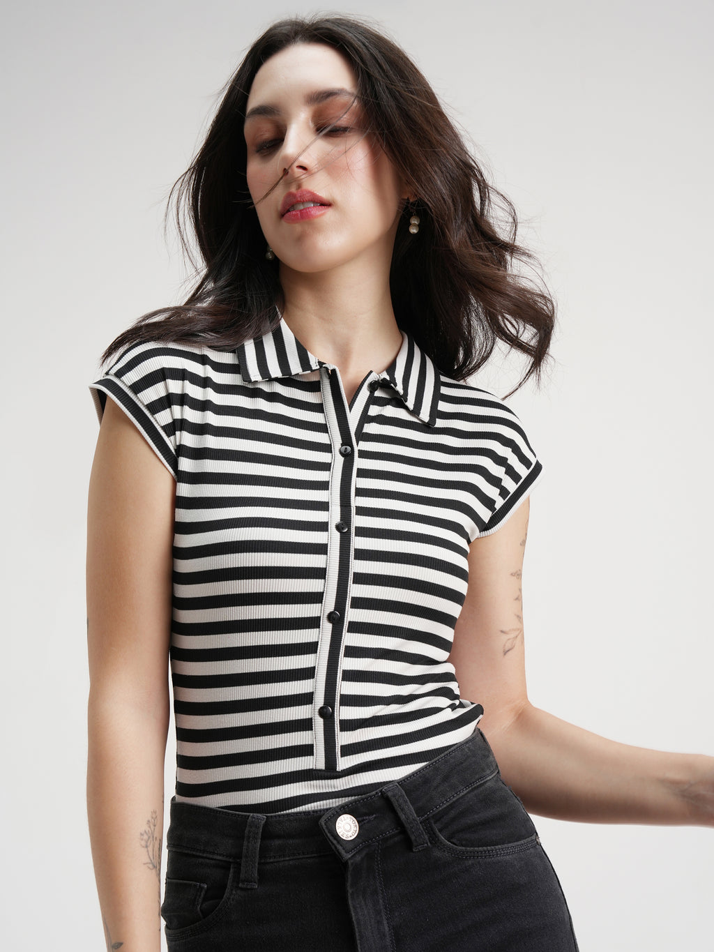 Tokyo Talkies Women Black Striped Fitted Bodysuit - Black - Image 1