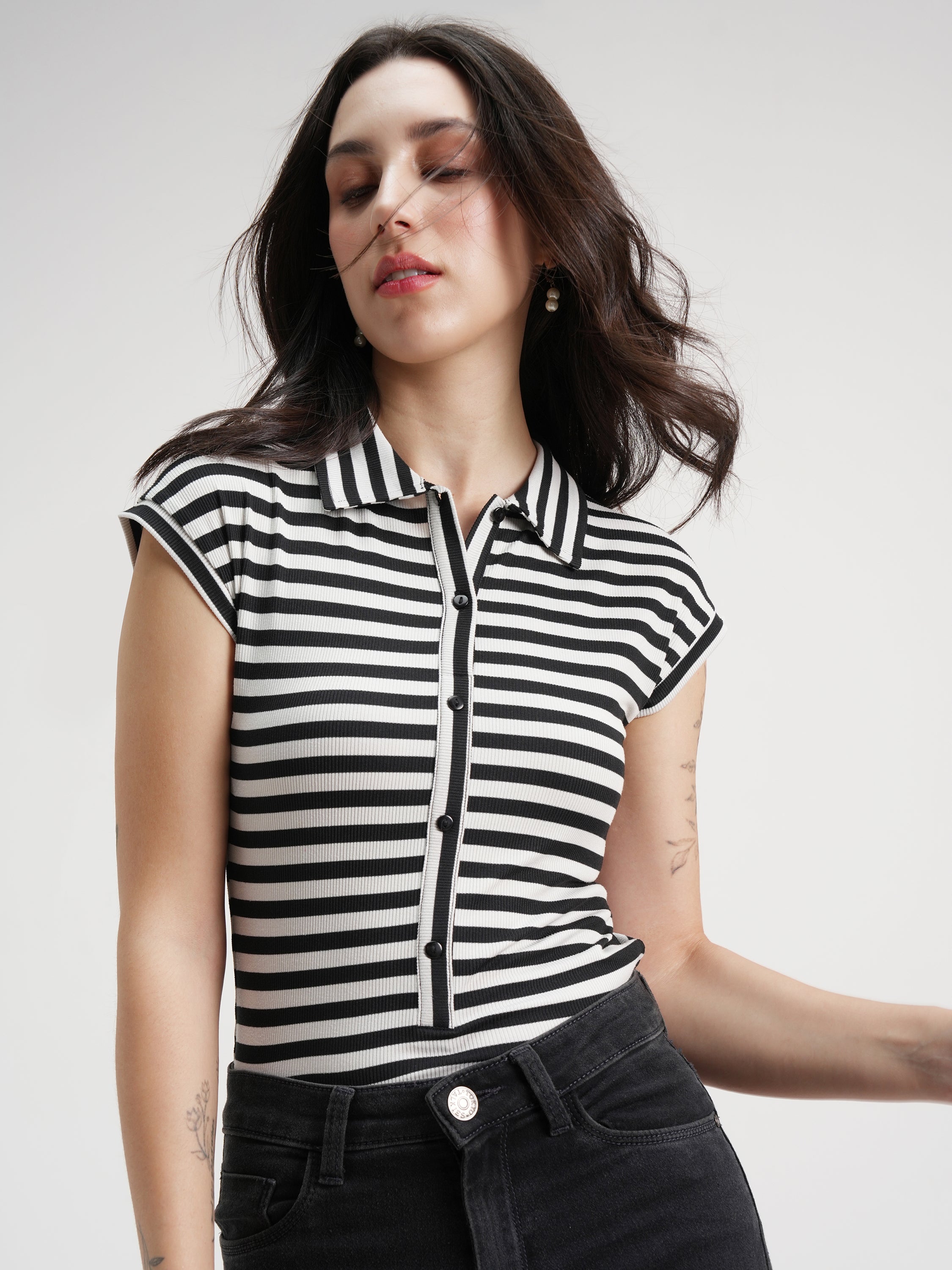 Tokyo Talkies Women Black Striped Fitted Bodysuit - Black - Image 1