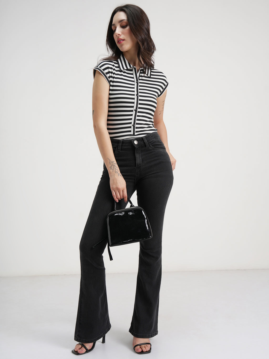 Tokyo Talkies Women Black Striped Fitted Bodysuit - Black - Image 2