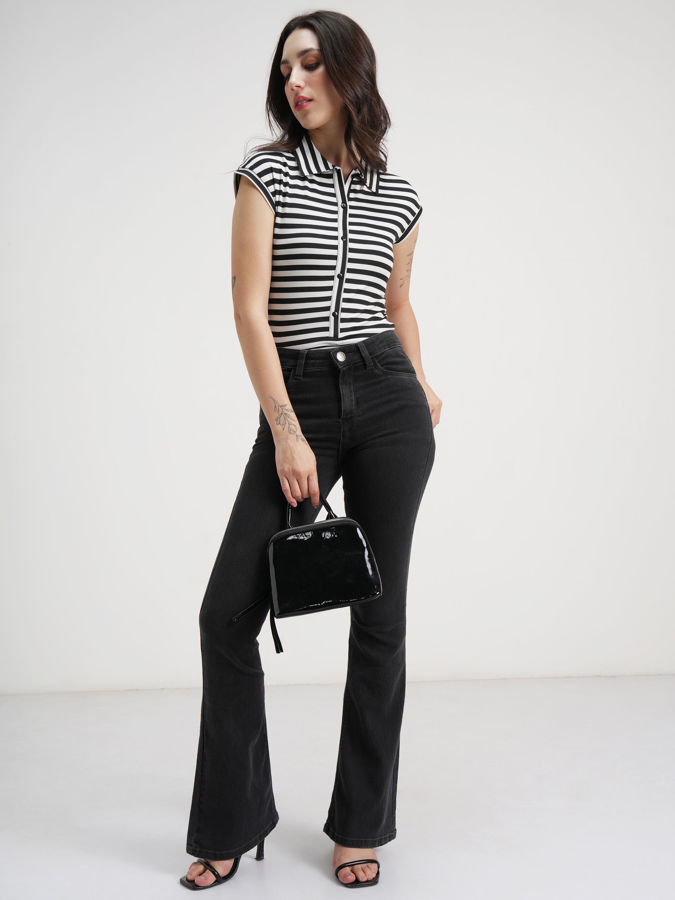 Tokyo Talkies Women Black Striped Fitted Bodysuit - Black - Image 2