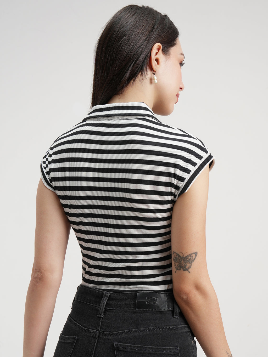 Tokyo Talkies Women Black Striped Fitted Bodysuit - Black - Image 3