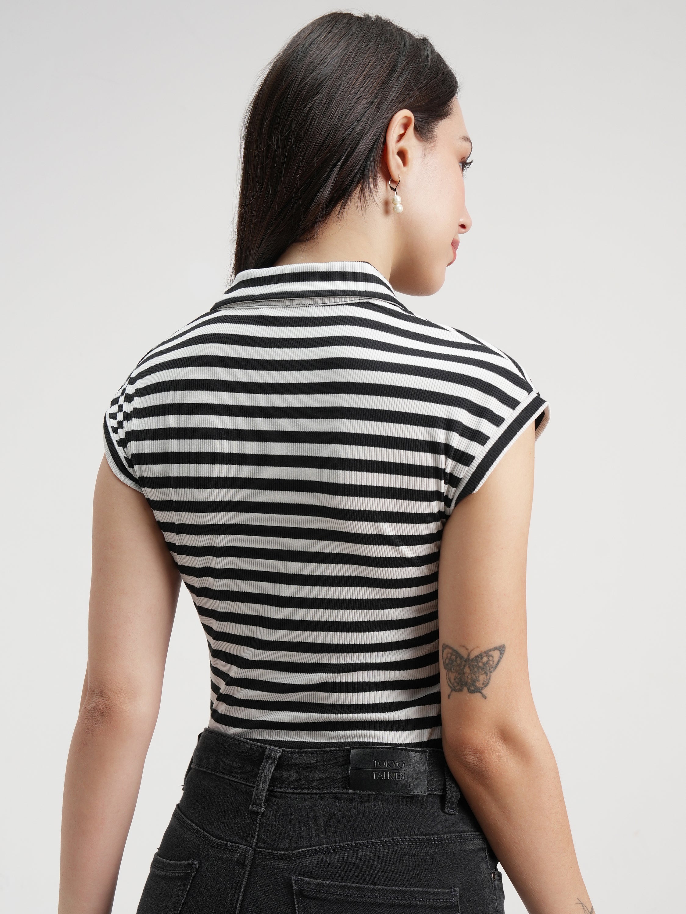 Tokyo Talkies Women Black Striped Fitted Bodysuit - Black - Image 3