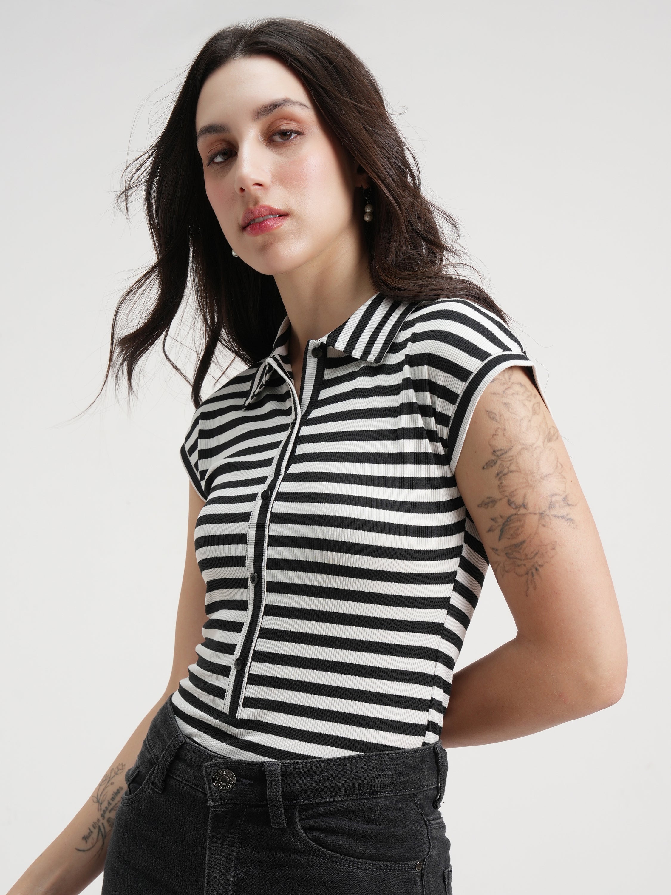 Tokyo Talkies Women Black Striped Fitted Bodysuit - Black - Image 4