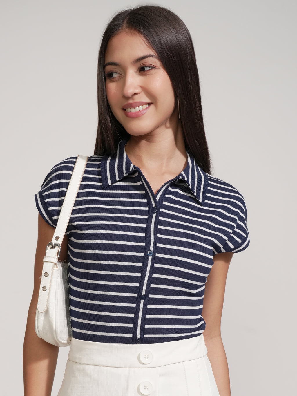 Tokyo Talkies Women Navy Blue Striped Fitted Bodysuit - Navy Blue - Image 1