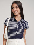 Tokyo Talkies Women Navy Blue Striped Fitted Bodysuit - Navy Blue - Image 1