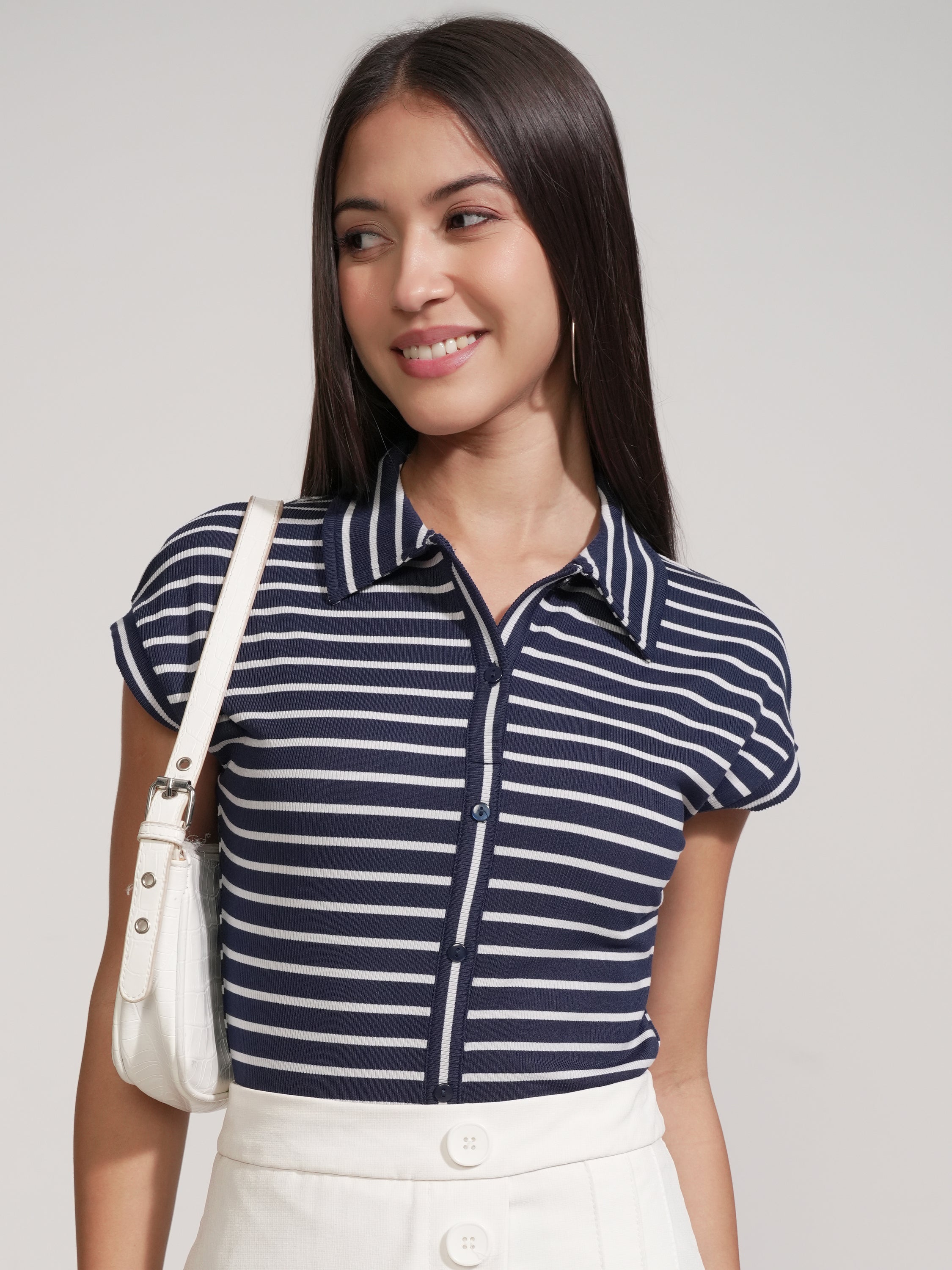 Tokyo Talkies Women Navy Blue Striped Fitted Bodysuit - Navy Blue - Image 1