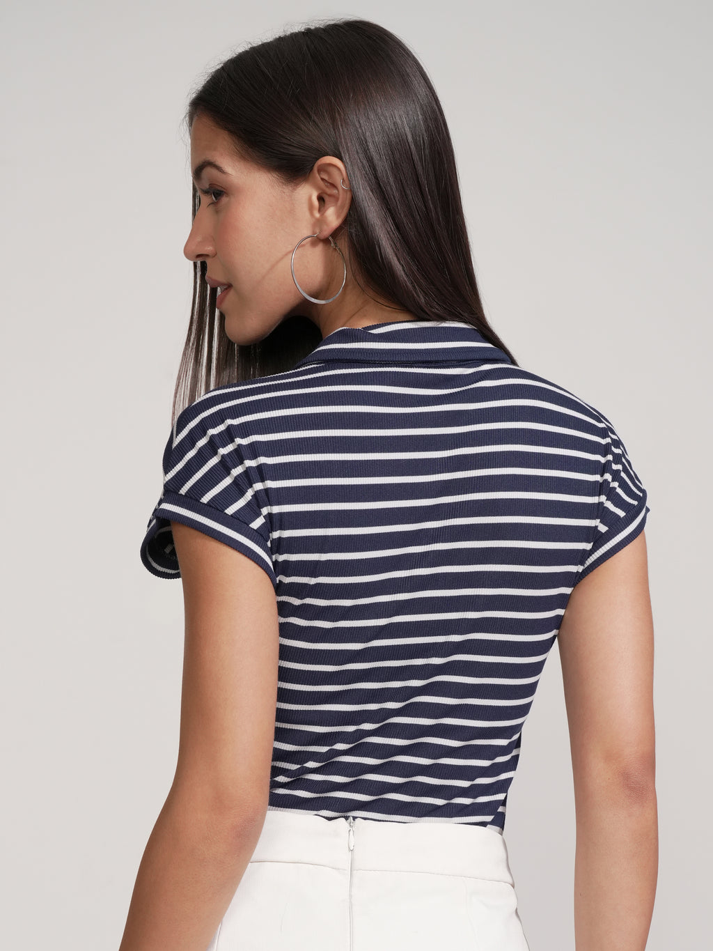 Tokyo Talkies Women Navy Blue Striped Fitted Bodysuit - Navy Blue - Image 3