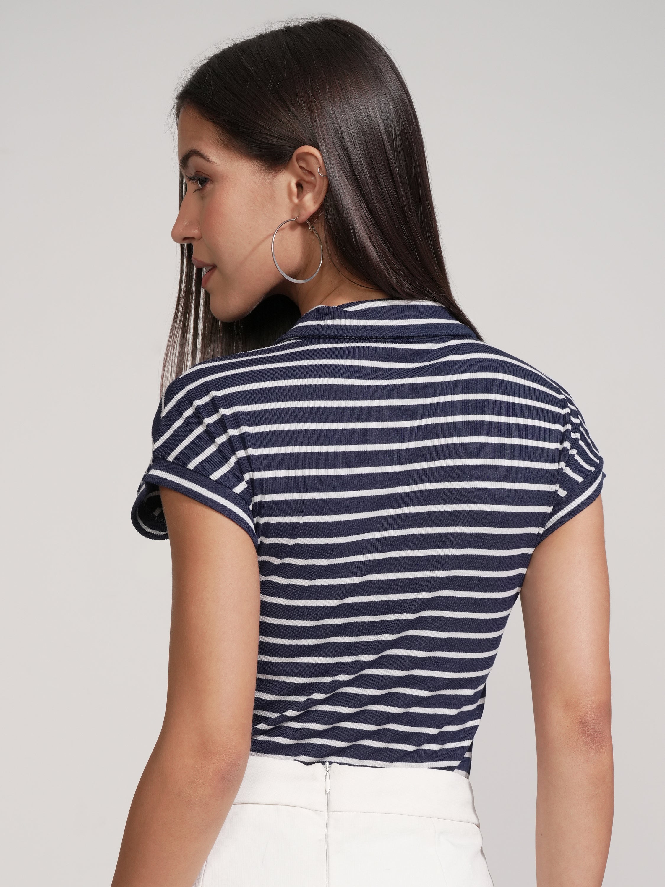 Tokyo Talkies Women Navy Blue Striped Fitted Bodysuit - Navy Blue - Image 3