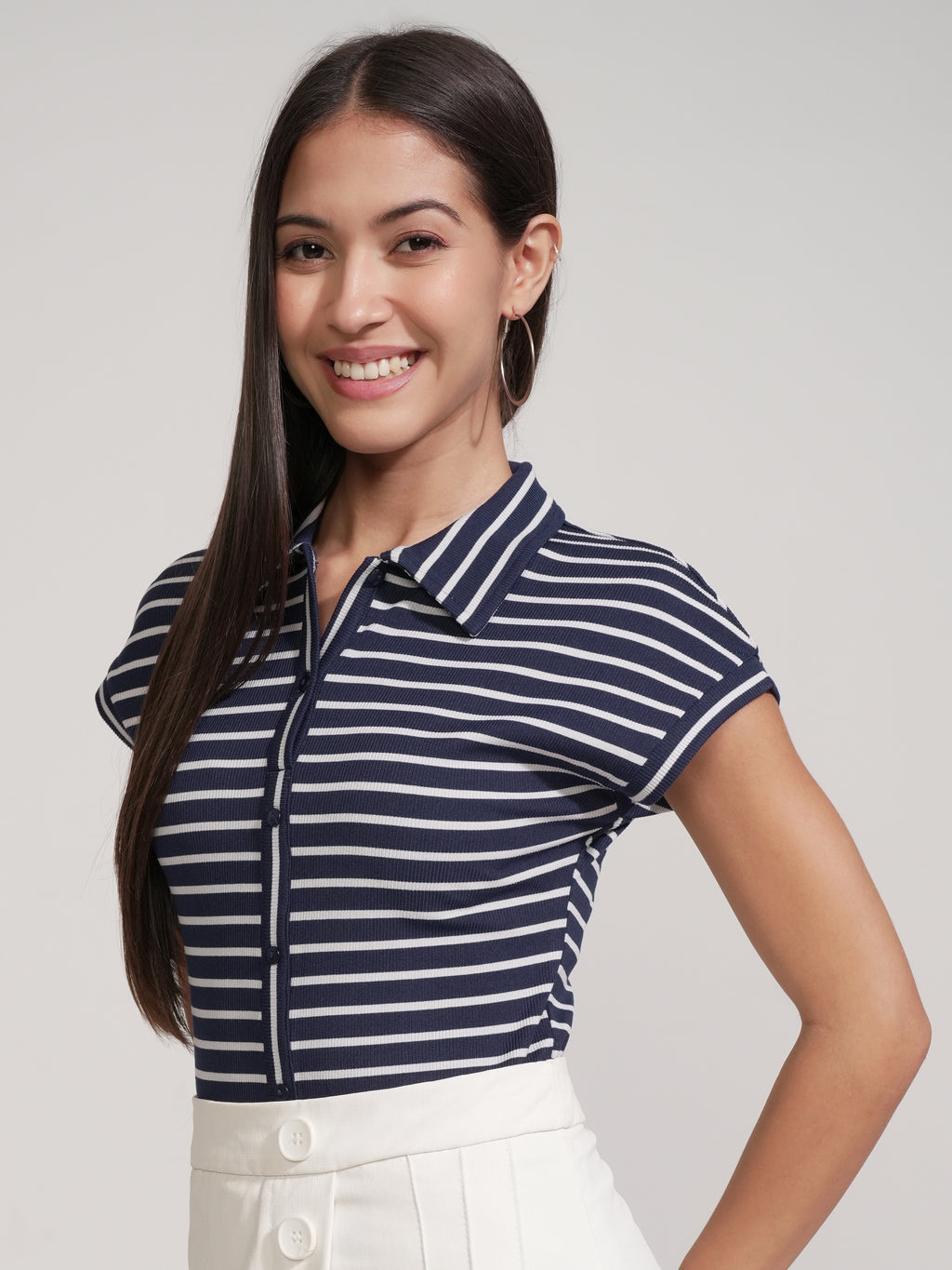 Tokyo Talkies Women Navy Blue Striped Fitted Bodysuit - Navy Blue - Image 4