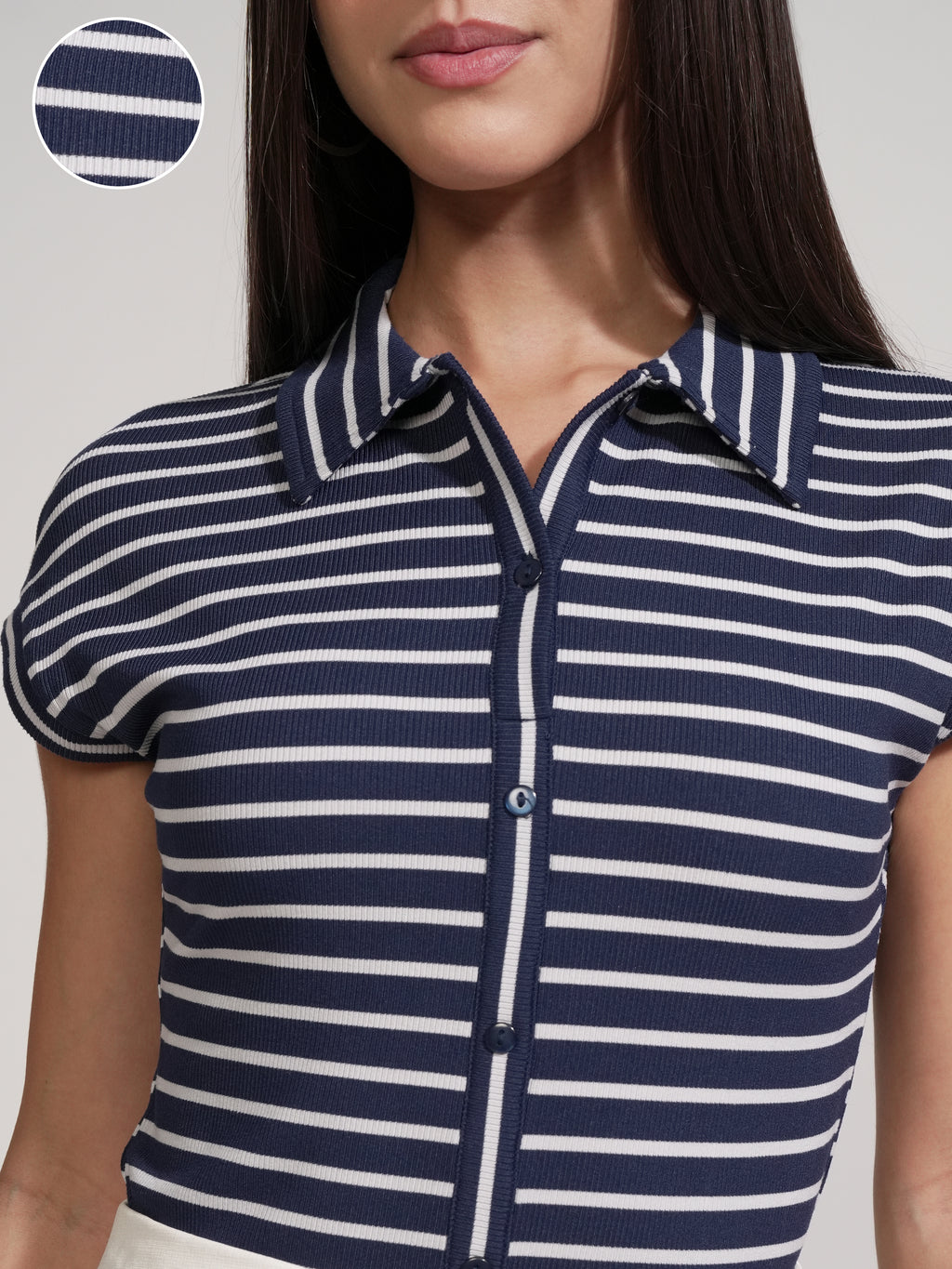 Tokyo Talkies Women Navy Blue Striped Fitted Bodysuit - Navy Blue - Image 5