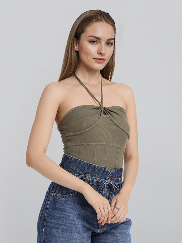 Tokyo Talkies Women Olive Solid Regular Fit Bodysuit - Olive - Image 6