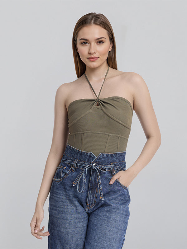 Tokyo Talkies Women Olive Solid Regular Fit Bodysuit - Olive - Image 7