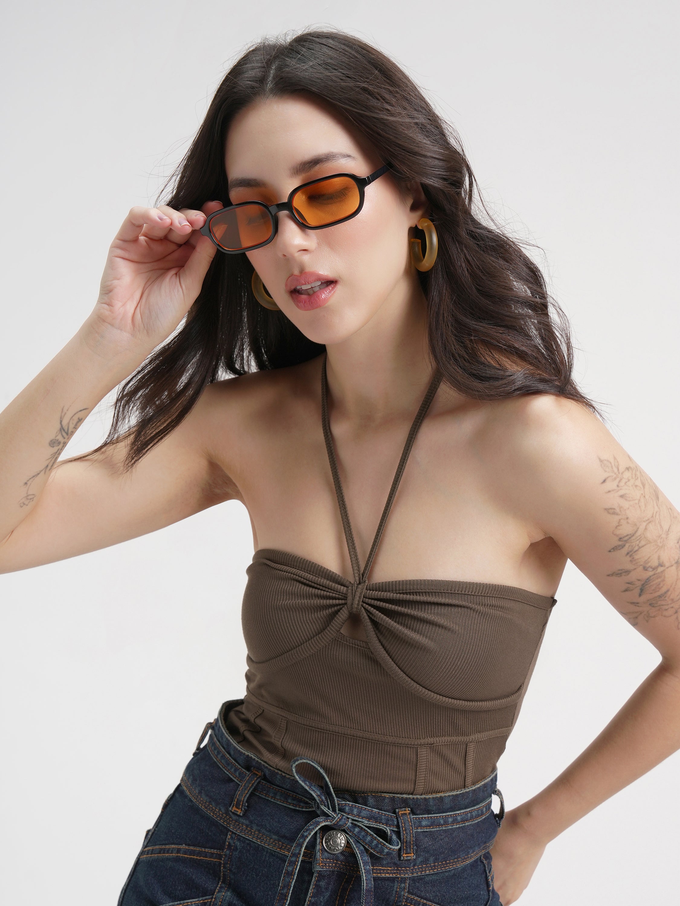 Tokyo Talkies Women Brown Solid Regular Fit Bodysuit - Brown - Image 1