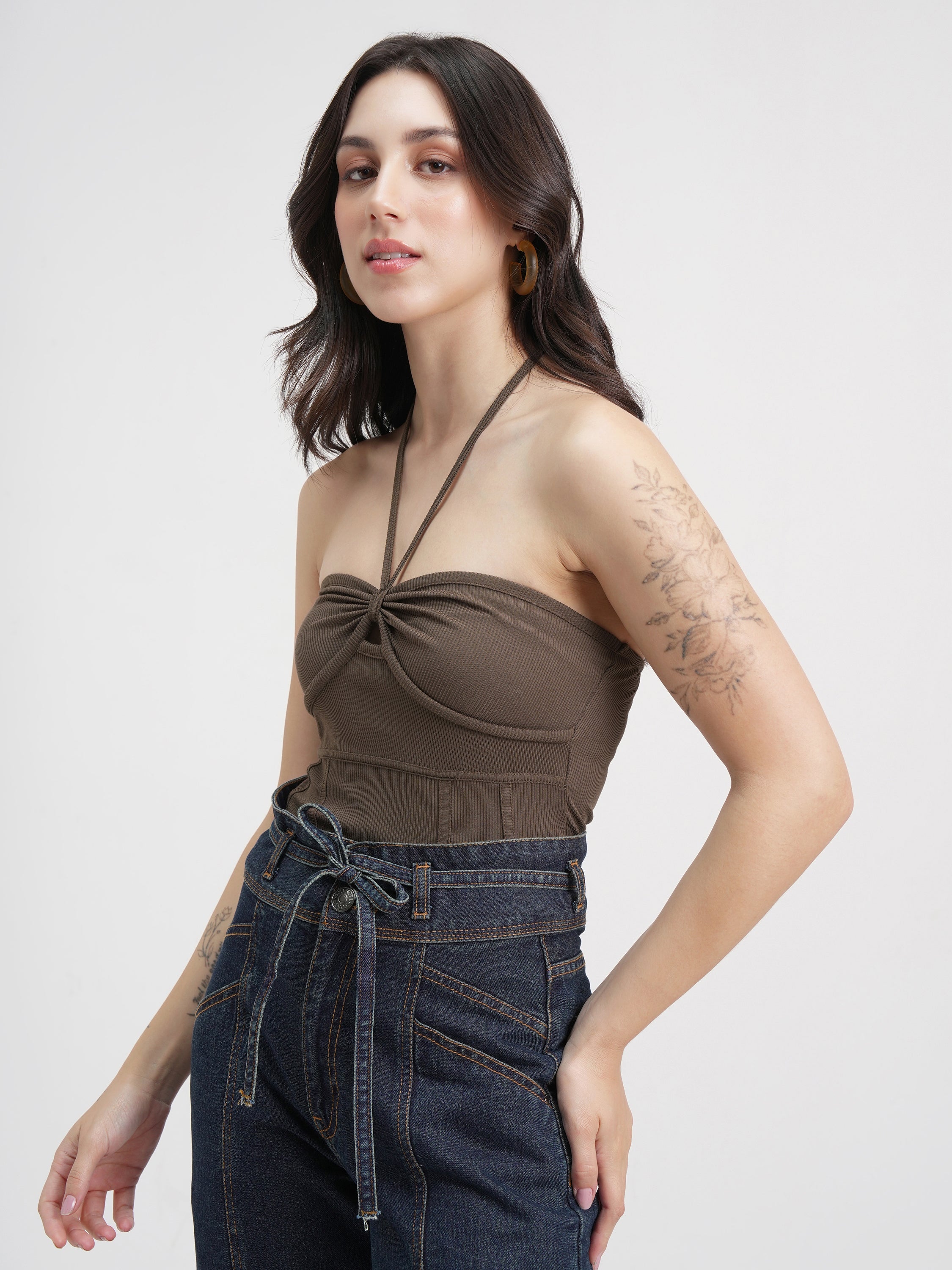 Tokyo Talkies Women Brown Solid Regular Fit Bodysuit - Brown - Image 4