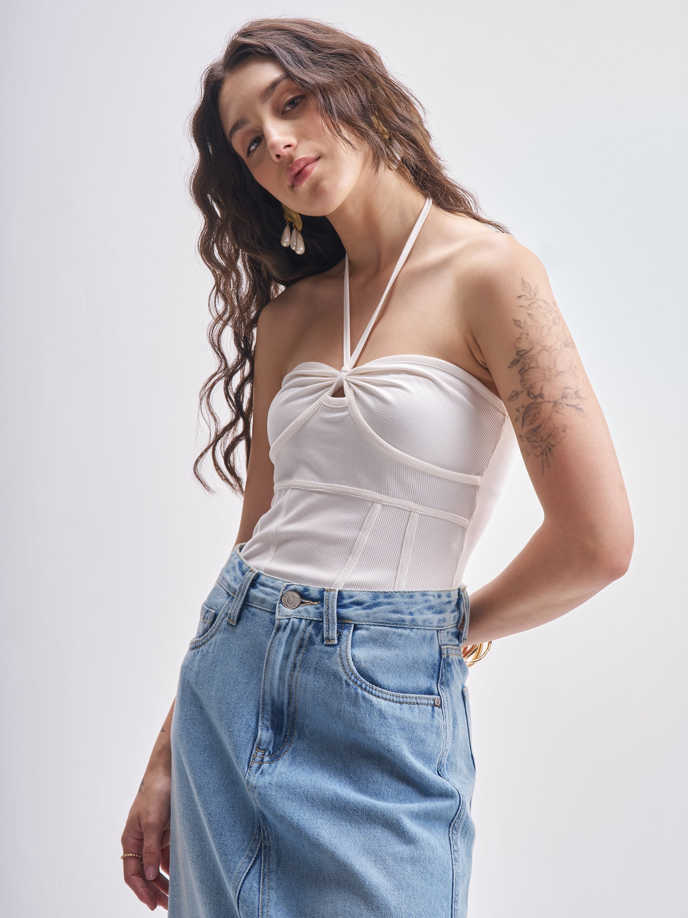 Tokyo Talkies Women Off White Solid Regular Fit Bodysuit - Off White - Image 4