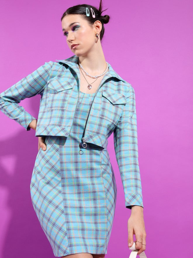 Tokyo Talkies Women Blue Checked Sheath Dress - Blue - Image 1