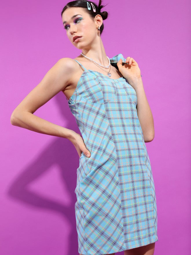 Tokyo Talkies Women Blue Checked Sheath Dress - Blue - Image 6