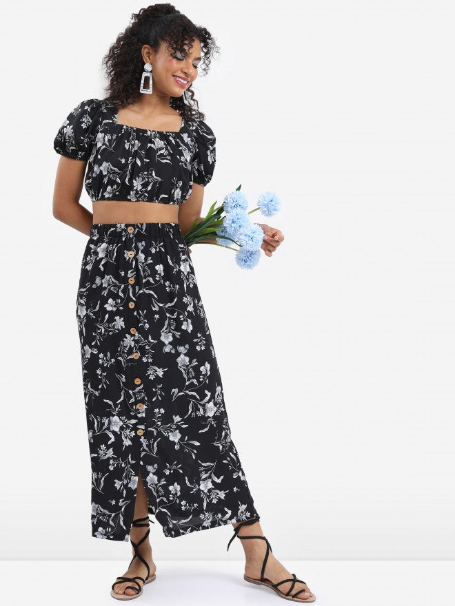 Tokyo Talkies Women Black Printed Top With Skirt Co-Ords - Black - Image 1