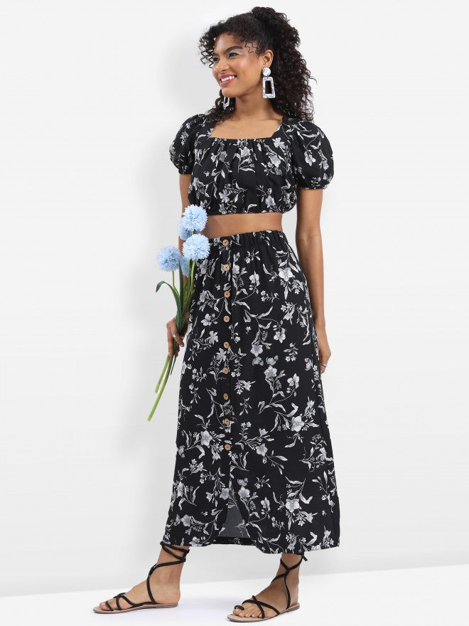 Tokyo Talkies Women Black Printed Top With Skirt Co-Ords - Black - Image 2