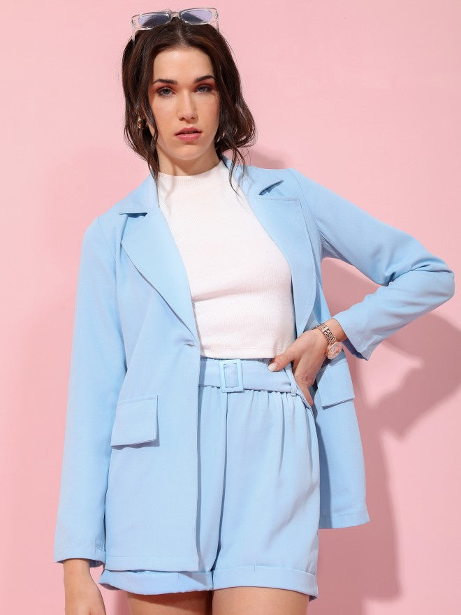 Tokyo Talkies Women Blue Solid Blazer With Matching Belted Short Co-Ordss - Blue - Image 1