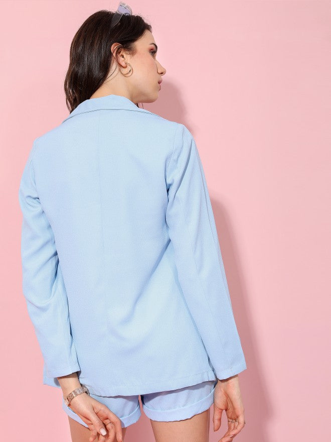 Tokyo Talkies Women Blue Solid Blazer With Matching Belted Short Co-Ordss - Blue - Image 3