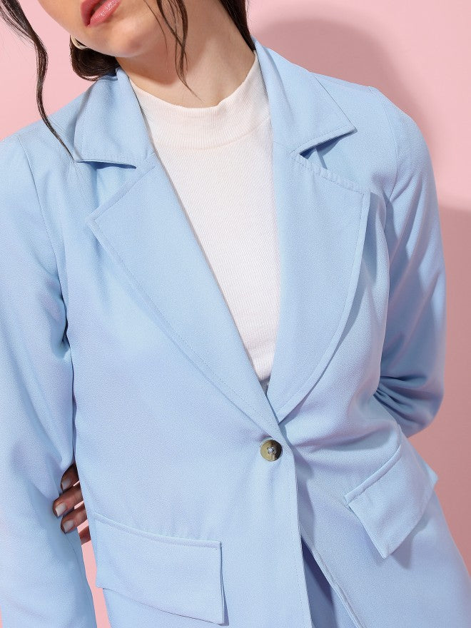 Tokyo Talkies Women Blue Solid Blazer With Matching Belted Short Co-Ordss - Blue - Image 5